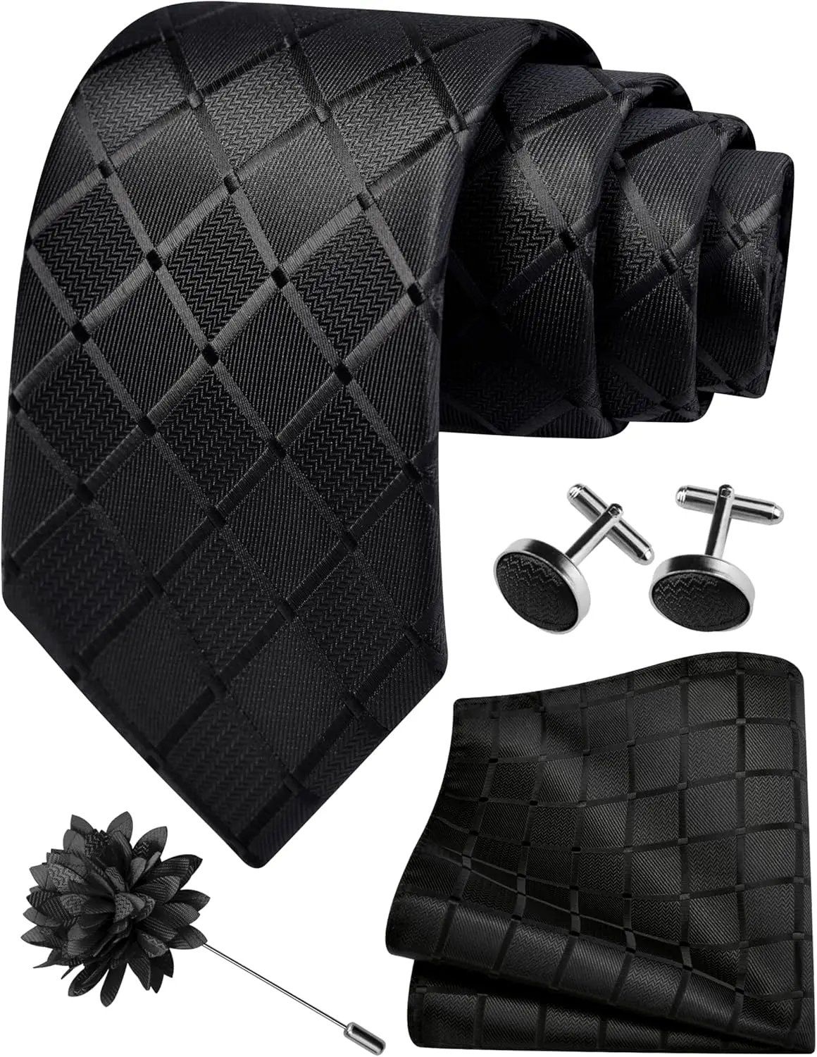 

3.15" Plaid Tie Set for Men - Necktie, Lapel Pin, Hanky & Cufflinks