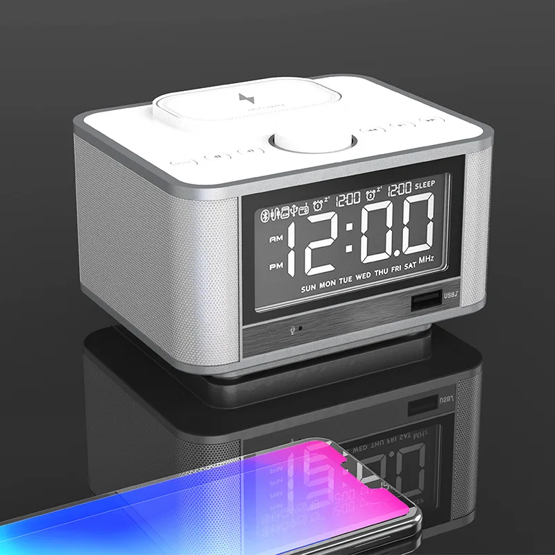 Digital Alarm Clock Radio, Bedside Wireless QI Charging, Bluetooth Speaker With EU/UK/US Plug