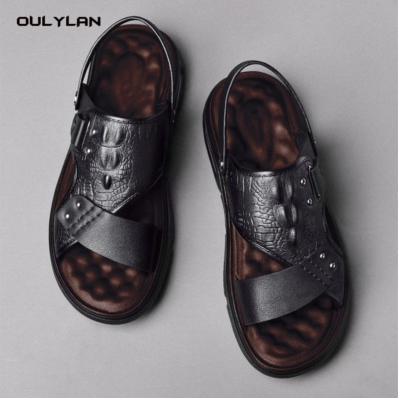 Men's Sandals for Summer PVC Faux Leather Soft Sole Anti Slip Beach Shoes Thick Sole Dual-purpose Outdoor Wear Mens Sandals