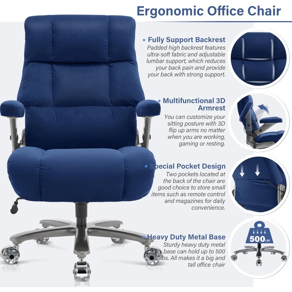 Büyük ve Uzun Ofis Koltuğu 500lbs- Ayarlanabilir Bel Desteği ile Yönetici Masası Koltuğu 3D Yukarı Çevirmeli Kollar- Ağır Hizmet Tipi Sessiz Tekerlekler