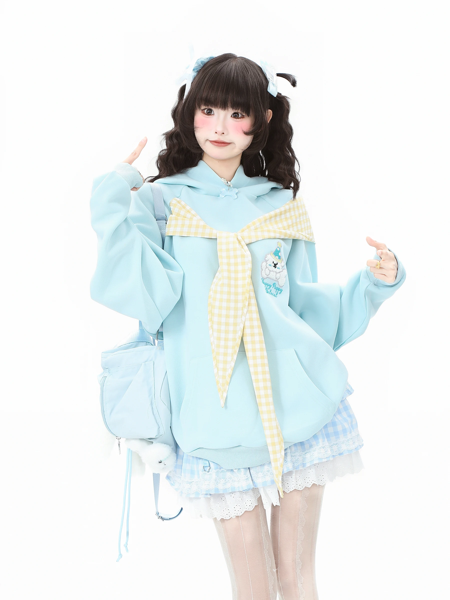 2025 Spring and Autumn New Sweet Blue Bow Tie Hooded Sweatshirt  Apricot Bear Embroidery Top Blue Short Skirt and Pink Shorts