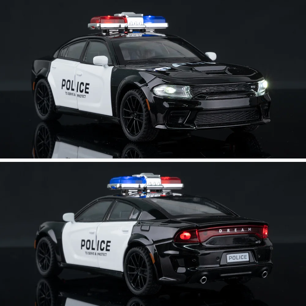 1:32 Autko policyjne, samochód sportowy, model Muscle Car ze stopu, z dźwiękiem i światłem, napęd pull-back, zabawka dla dzieci, kolekcjonerski, prezent urodzinowy