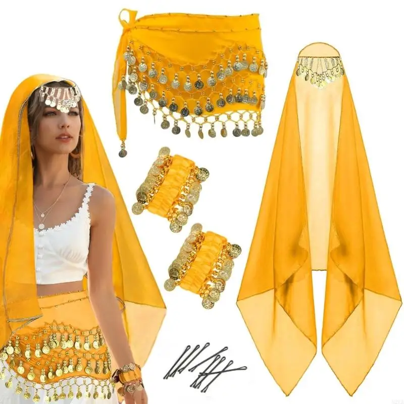 2025 New Belly Dancer Outfit,Head Scarf,Belly Dance Hip Scarf,2 Coin Wrist Bracelets