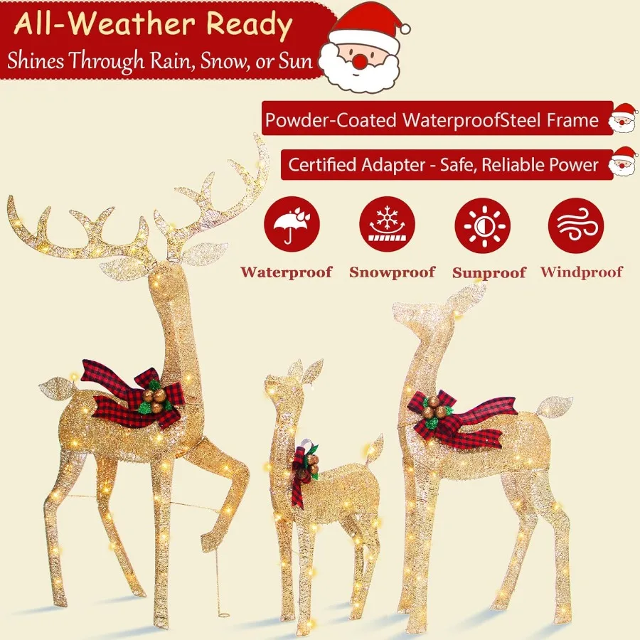 Conjunto de decoração de Natal ao ar livre para família de renas iluminadas de 3 peças com 210 luzes LED para decorações de férias de quintal 58''H animado