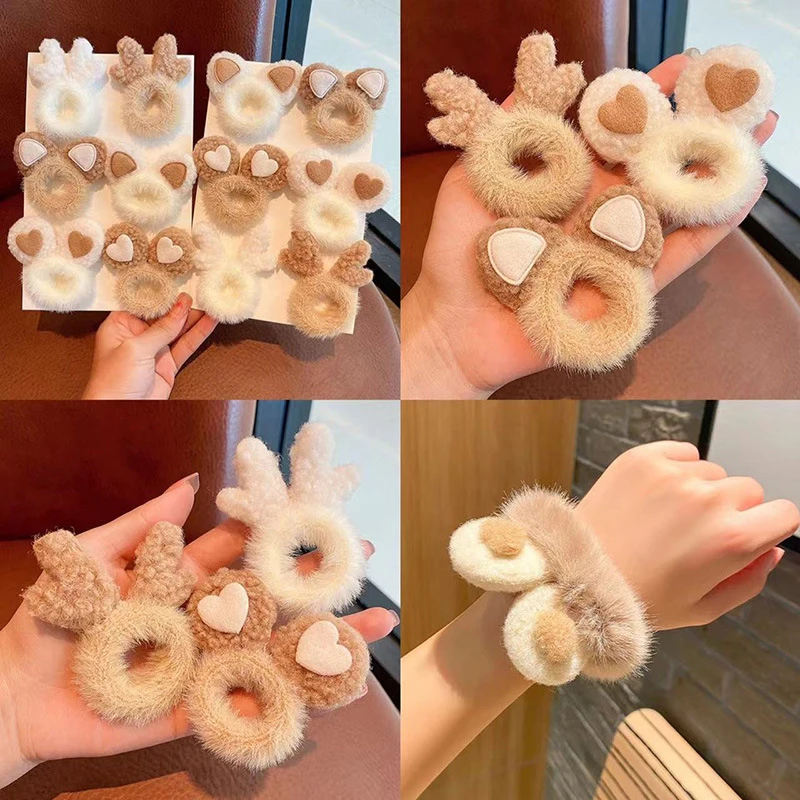 Girls Woman Cute Coffee Antler Elastic Rubber Band Hair Ties Scrunchies Headdress Hair Accessories Plush Cat Ear Plush Hair Rope