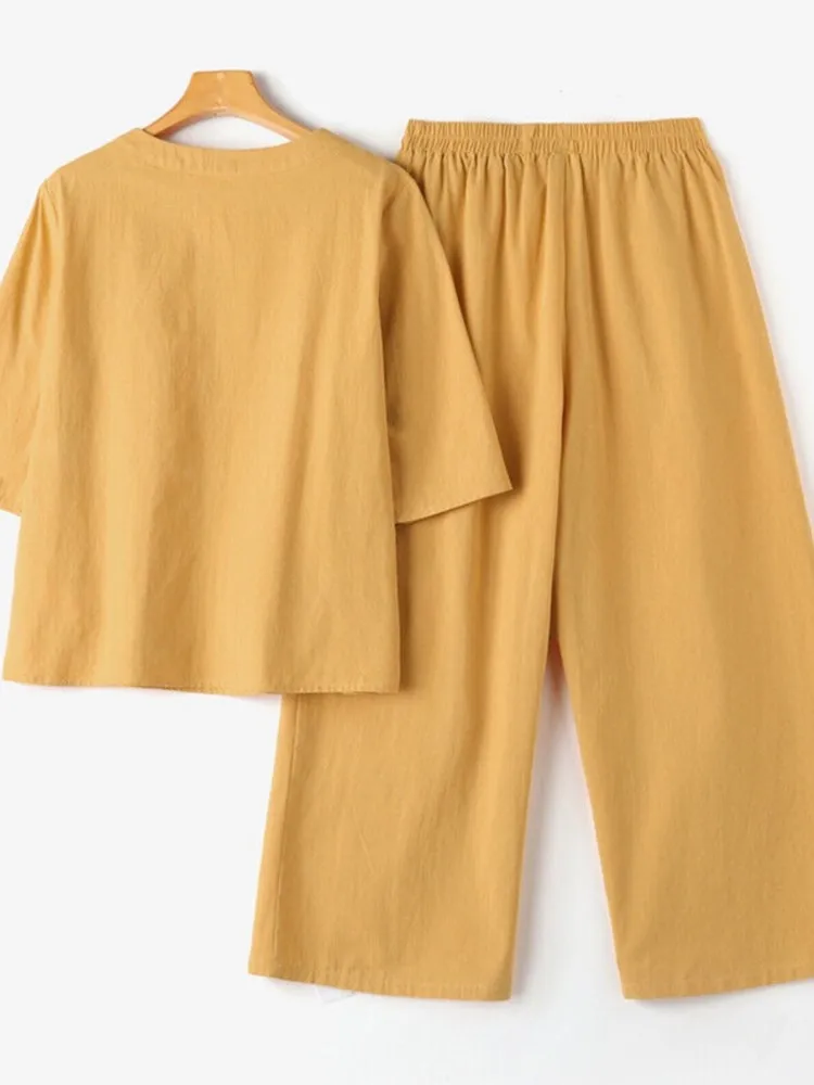 

Woman's Solid Color Casual Two-piece Set Spring Autumn Fashion O-neck Half -sleeve Tops Straight-leg Pants Suit Ladies Outfit