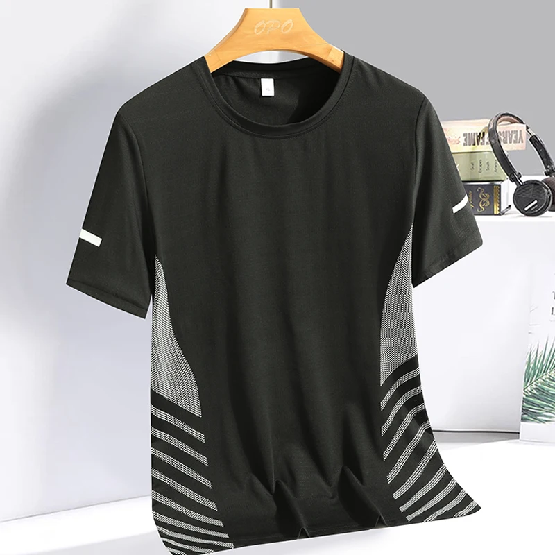 Running T-shirt Men Summer Ice Silk Elasticity Thin Top Printing Quick Dry Short Sleeve Breathable Fitness Sports T-shirt 5XL