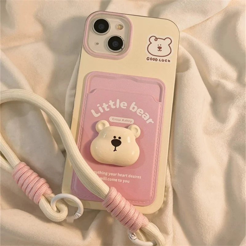 3D Little Bear Doll Pink Painted Card Bag Phone Case with Same Phone Hanging Strap Phone Case For iPhone 11 12 13 14 15 pro max