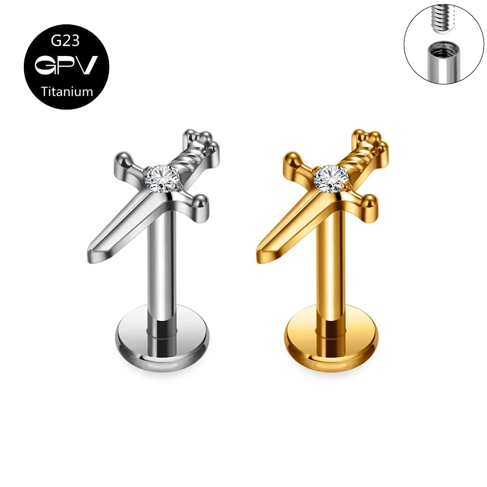 Titanium G23 Internal Thread Ear Cartilage Nail With Sword Inlay ZC Male And Female Puncture Jewelry Ear Nail Lip Nail