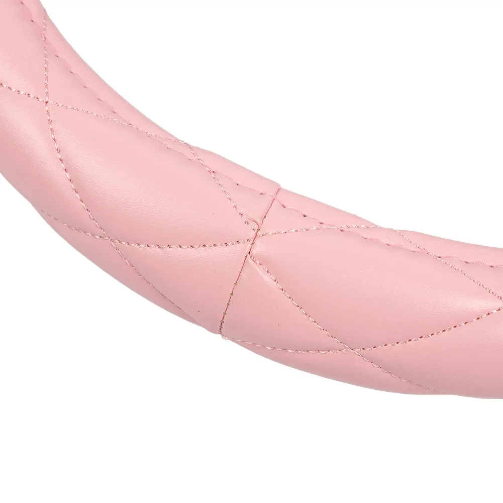 1pc Pink Car Steering Wheel Cover 38cm/15Inch PU Leather Bling W/ Rhinestone Decor Exquisite Workmanship & Delicate Fashion
