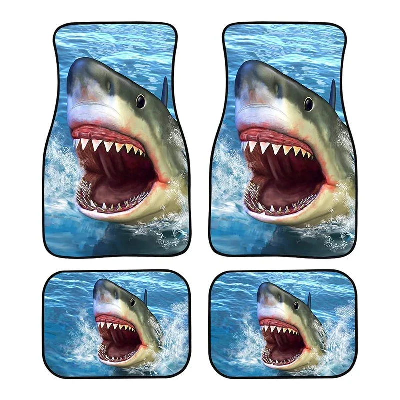 Rubber Material Waterproof Easy To Clean Blue Background Great White Shark Printing Style Car Foot Mat 4/2PCs Pack