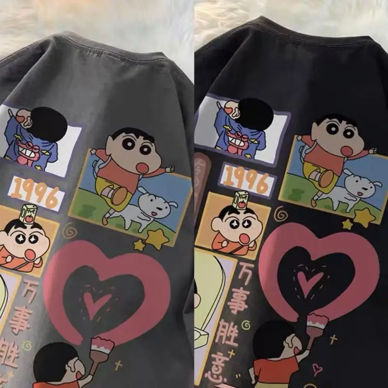 New Creative Cute Cartoon Anime Short Sleeve Bandai Crayon Shin Chan Printed T Shirt Loose Fitting Men and Women Couple Top