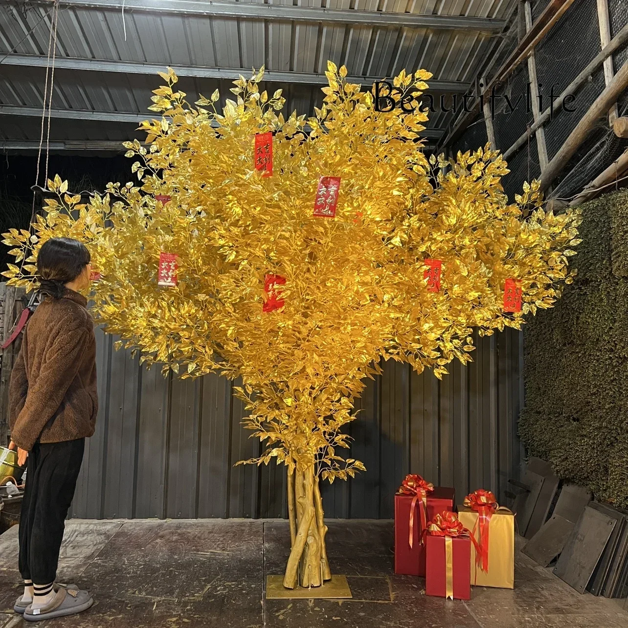 XX Simulation Golden Banyan Cash Tree Wishing Fortune Tree Red Envelope, Simulation Trunk, Real Trunk