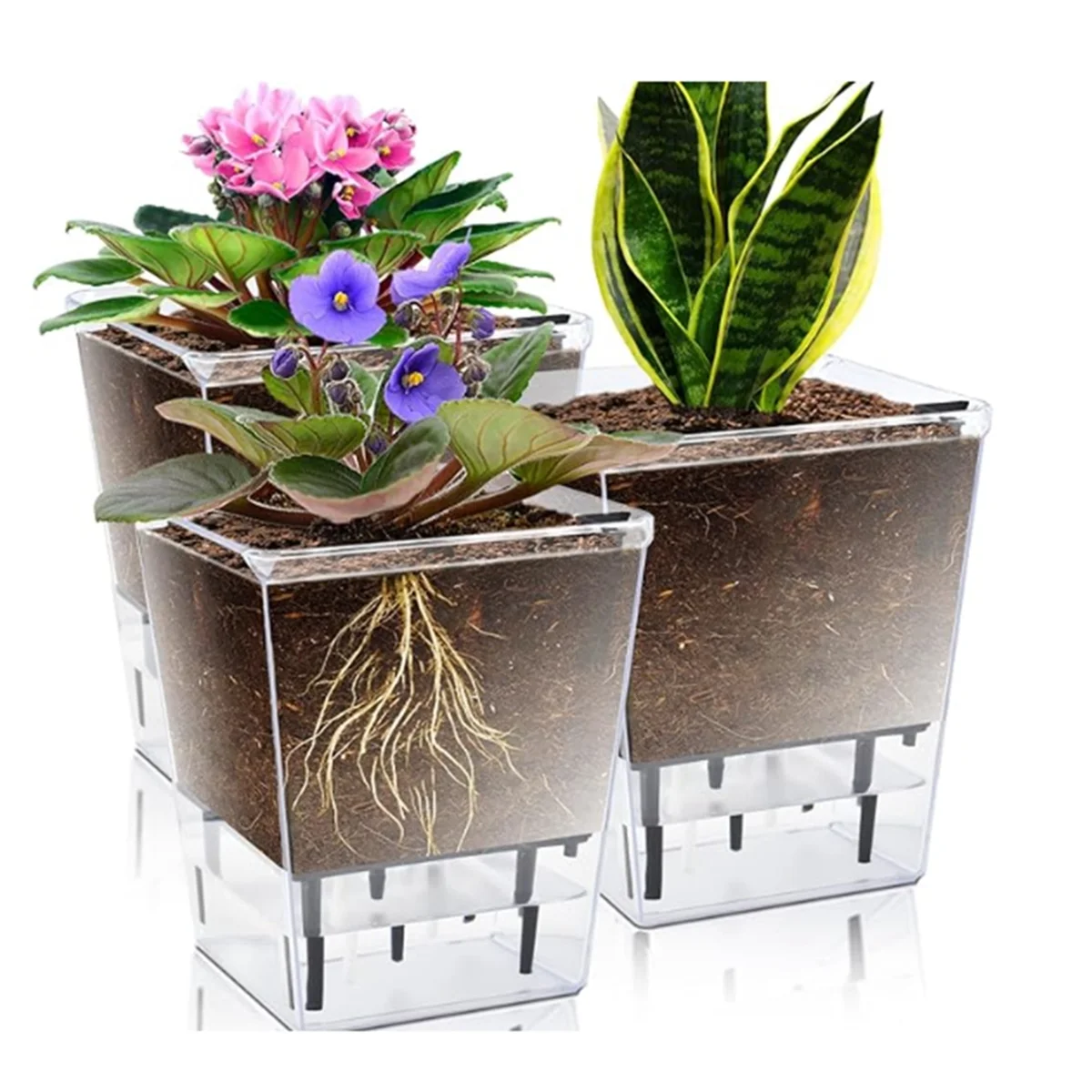 Self Watering Pots Set, 3 Pack 5 Inch Self Watering Pots for Indoor Plants, Clear Planter Pot with Deep for Spider Plant