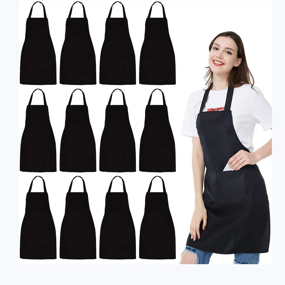 12 pcs/pack Unisex Black Apron with 2 front pockets, machine washable, used in the kitchen to make barbecue