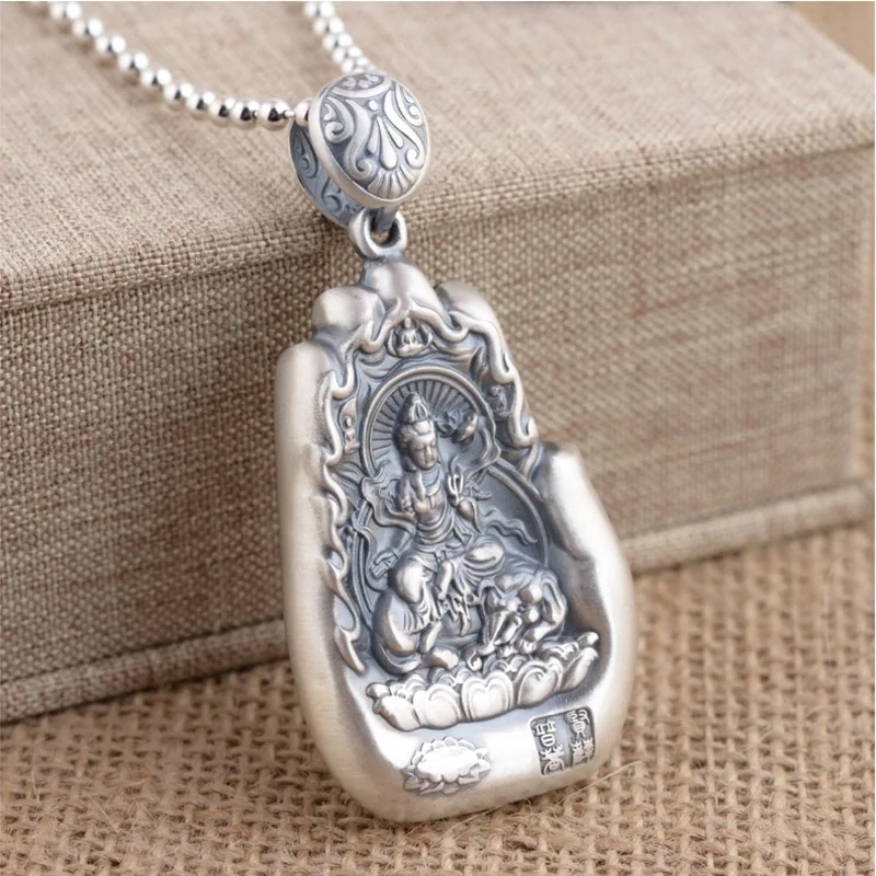 999 Sterling Silver Zodiac Buddha Pendant Pure Silver Vintage Year of Ox Eight Patron Saints Buddha Hand Necklace for Men and