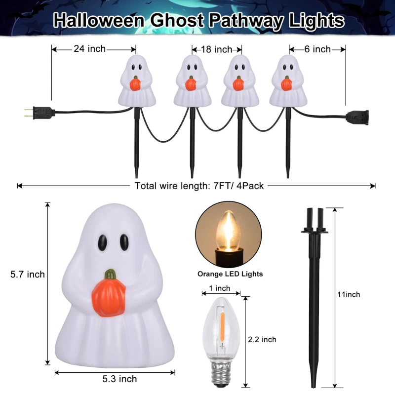 ll Saints' Day 7FT Ghosts Pathway String Light with 4 White Ghosts Stakes Outdoors Waterproof Garden Party Light Holiday Decorat