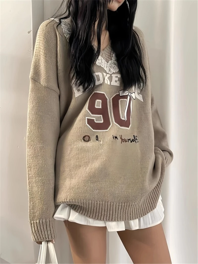 女性用Vネックレースセーター,長袖セーター,プリント服,女性用ファッション,秋冬