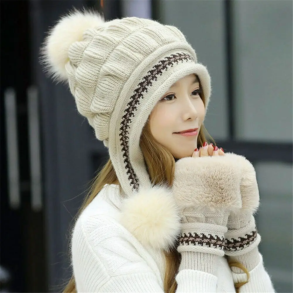 Winter Beanie Hat Gloves Set Ladies Double Pom Pom Fur Skullcap Women Warm Knitted Bobble Ski Cap Outdoor Casual Beret Hat