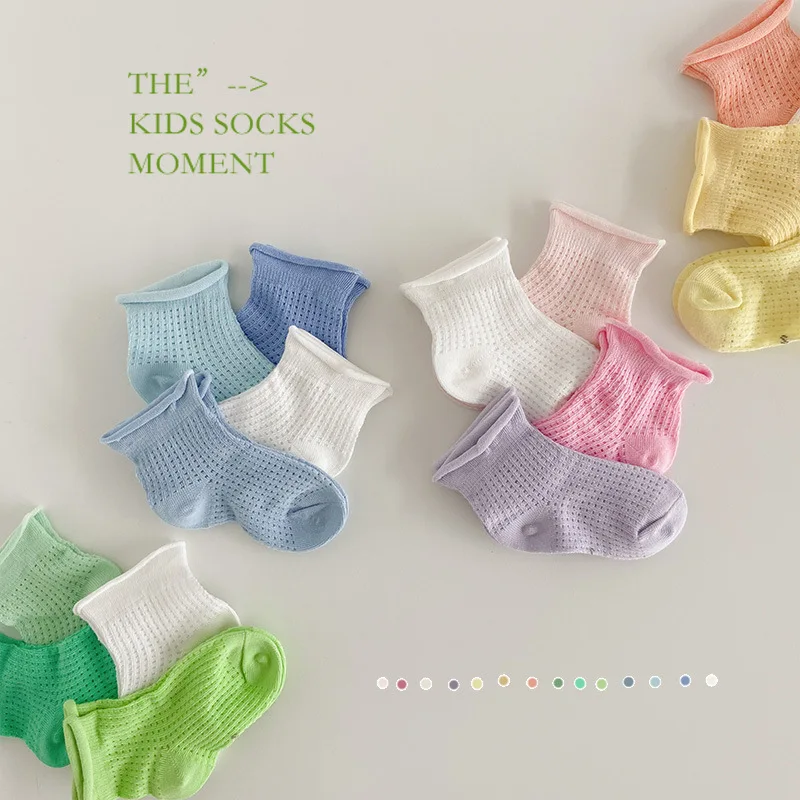 4Pairs Pack 1-12Year 2023 spring and summer candy color baby socks crimped mesh socks girls boat socks