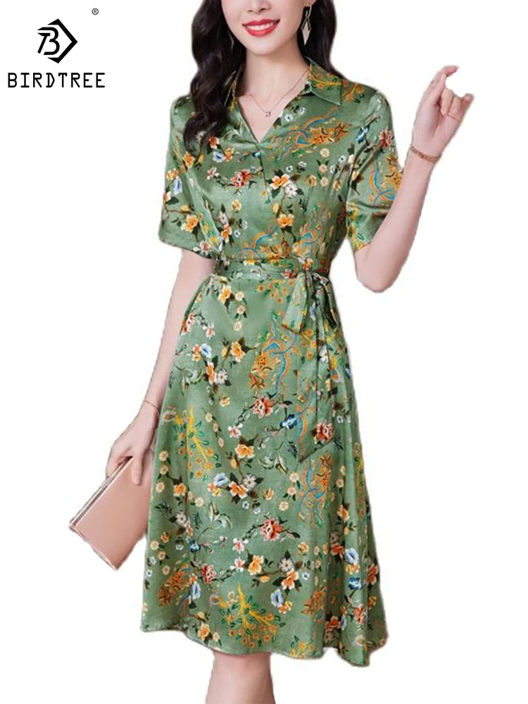 

Birdtree 19MM 89.2%Real Silk Elegant Fashion Dresses Women V-neck Short Sleeve A-line Floral Satin Long Dress Summer D37611QM