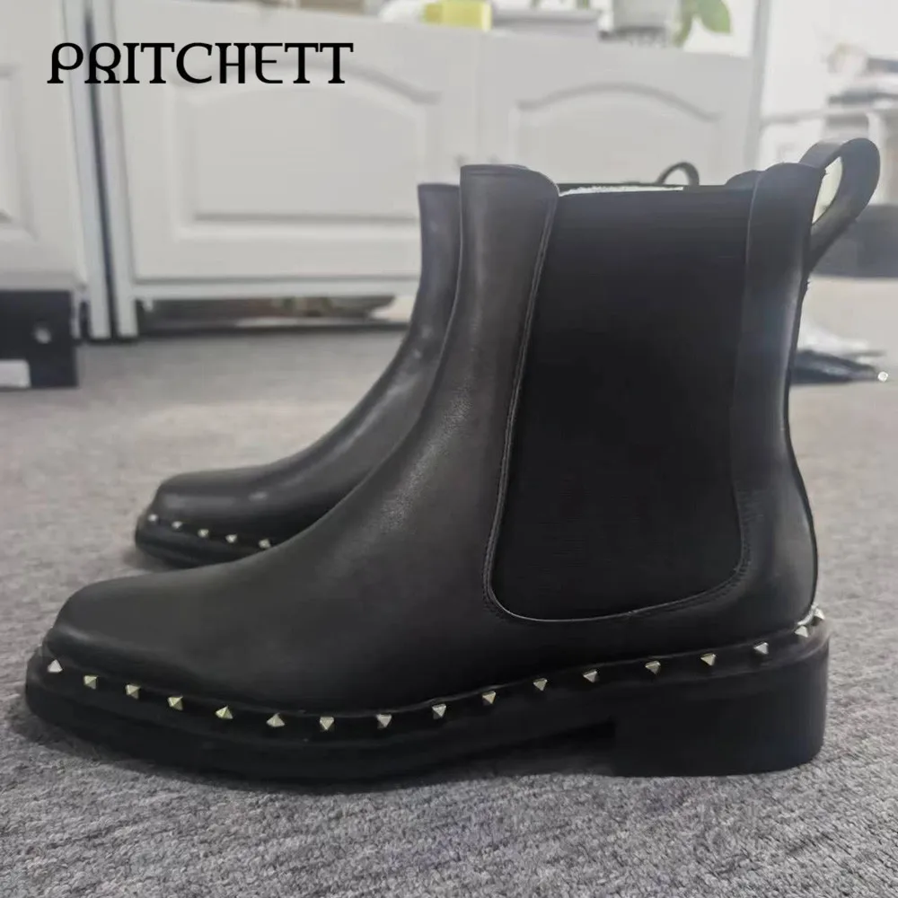 

Riveted Black Leather Boots Square Toe Elastic Thick Heel Short Boots Large Size Fashionable Personality Casual Men's Boots