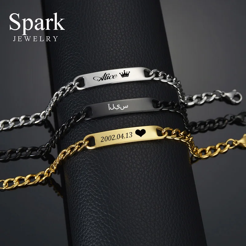 Spark Personalized Engrave Name Date Bracelet Stainless Steel Gold Color For Women Men Custom Jewelry Gift