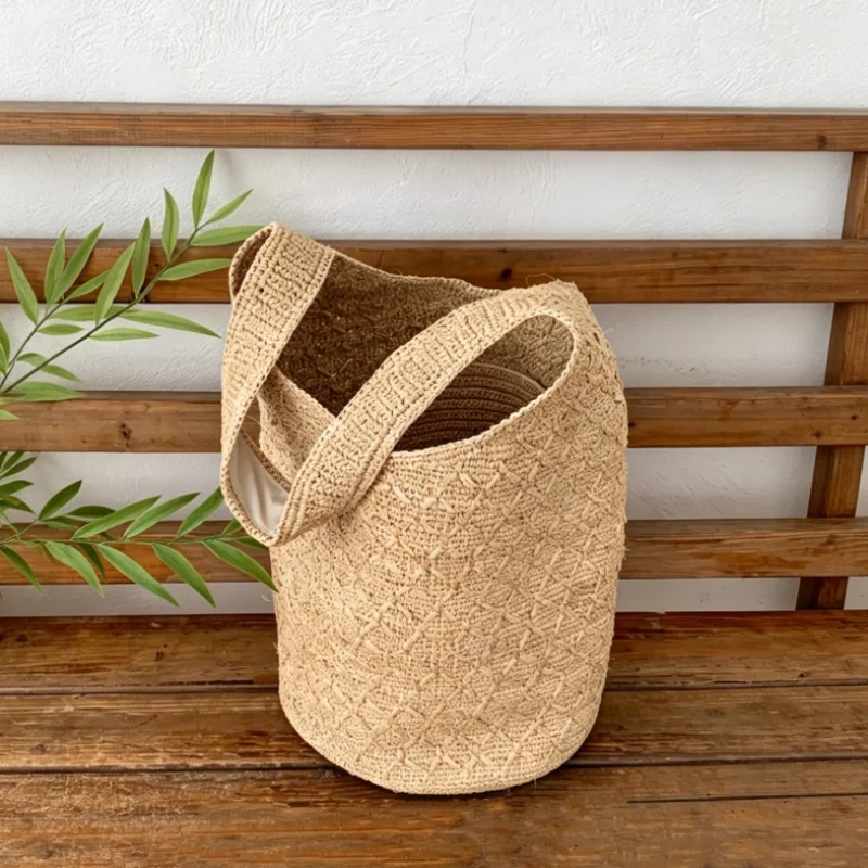 

Retro Raffia Woven Shoulder Bag High-quality Bohemian Straw Bucket Bag Large Capacity Casual Beach Vacation Handbag