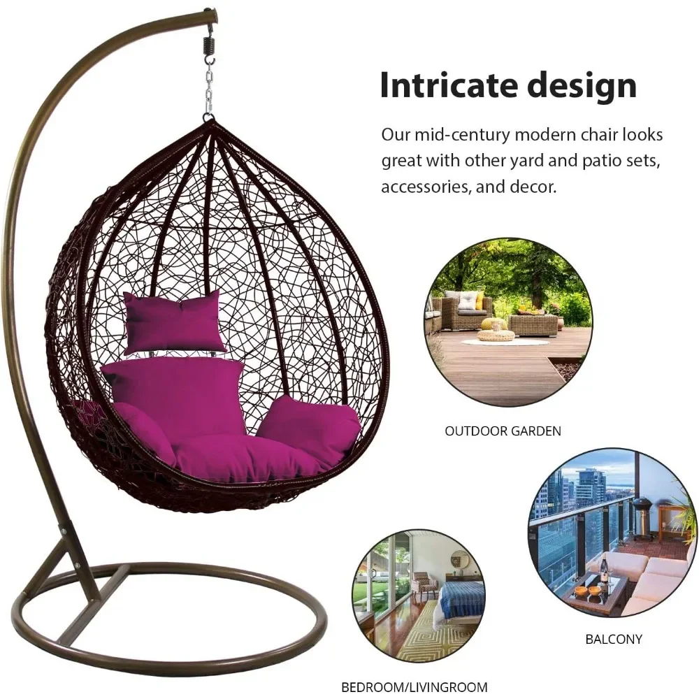 Patio Swing Chair with Stand, Beige Cushion, Egg Chair with Support Frame, Hammock Chair Swing Wicker Plastic for Outdoor,Garden