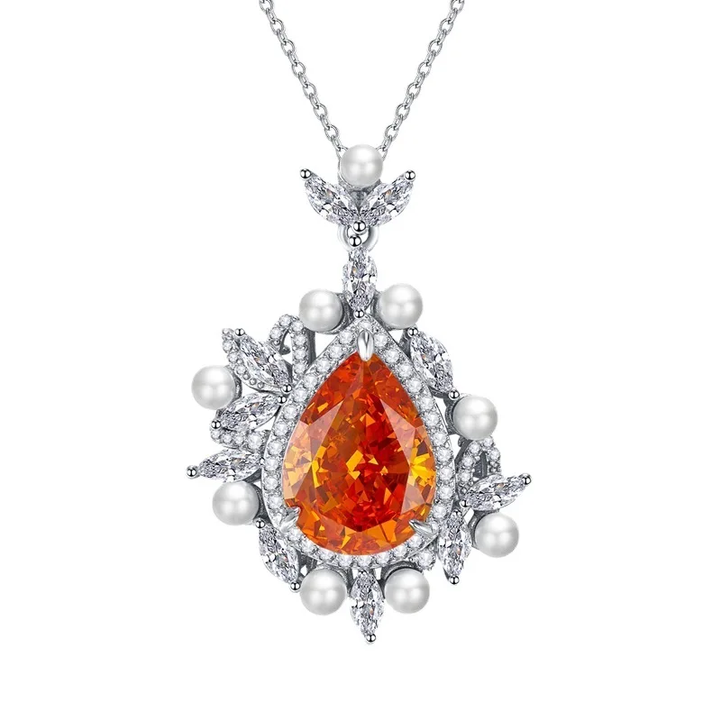 

Shop 2023 New 925 Silver Pear 11 * 15 Sunset Orange Diamond Droplet Pendant Versatile Necklace