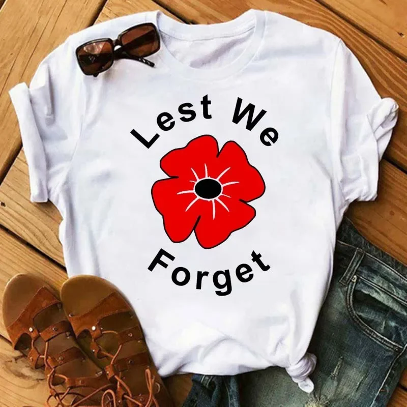 Female T Shirt  New Funny Red Poppy Print Women Summer Harajuku Tees Short Sleeve White Shirts Cartoon Casual Woman Tops