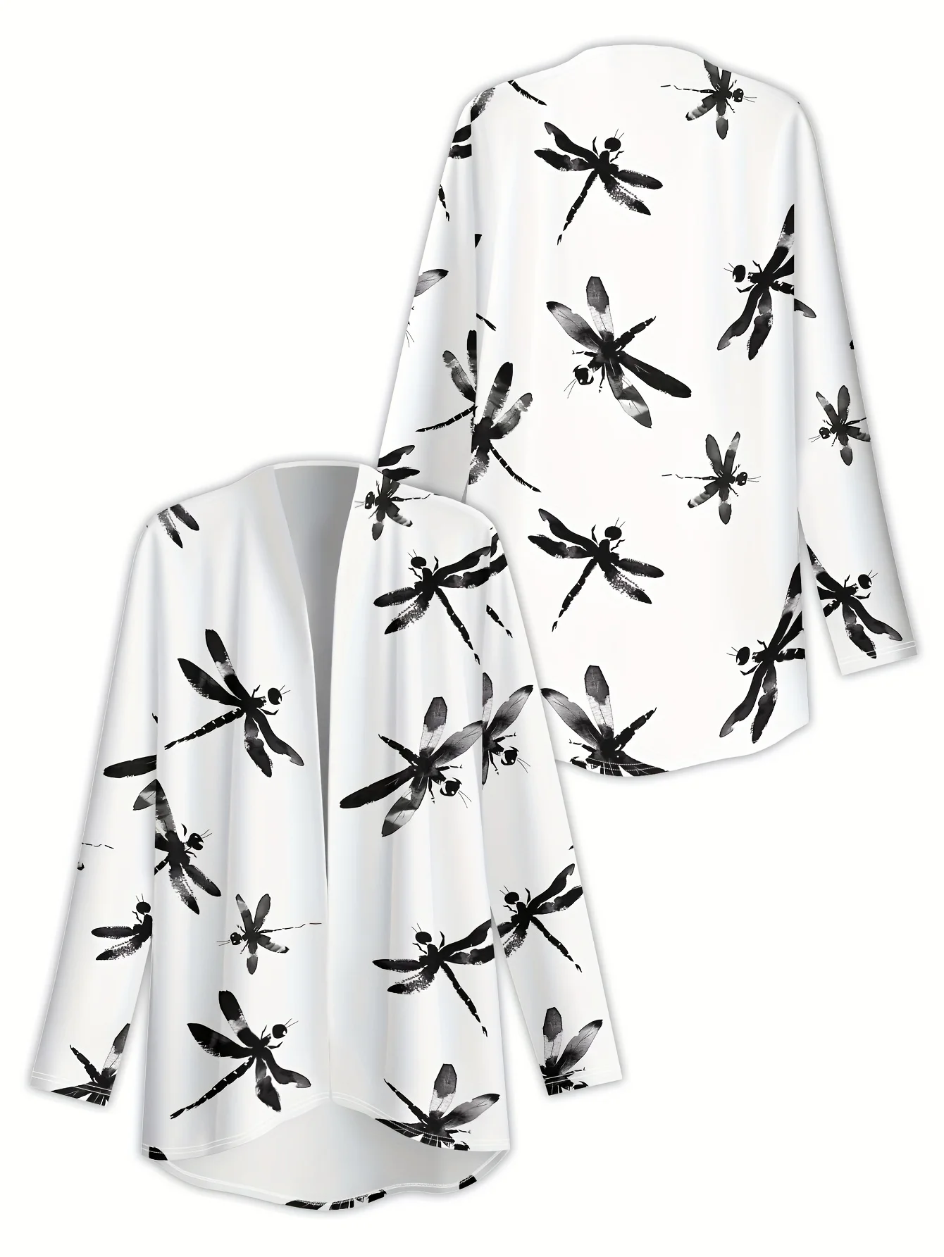 Fashion Women's Dragonfly Printed Long Sleeve Cardigan, Polyester Open Front, Lightweight Cover Up, Spring Autumn Casual Coat