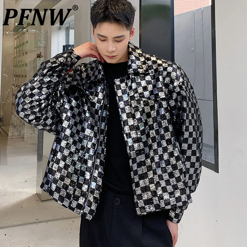 PFNW Sequin Embroidered Plaid Short Men's Jacket Chic Design Lapel Zipped Short Coat 2025 New Autumn Oversized Clothing 9Y9983