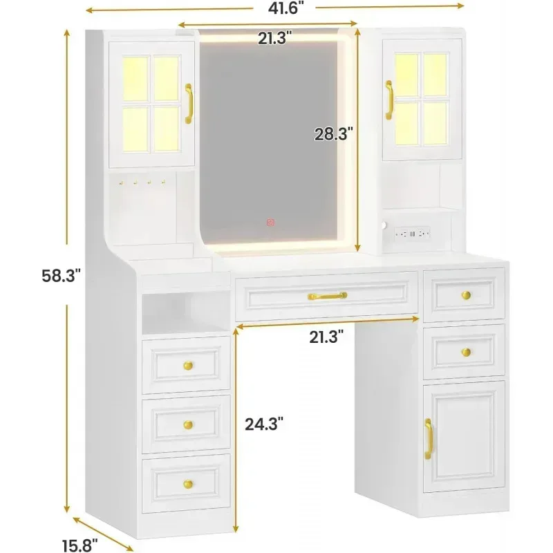QAZ8-White Desk Touch Screen Mirror and Lights.Large Makeup Vanity with RGB Light Cabinets &Charging Station.6 Drawers.5
