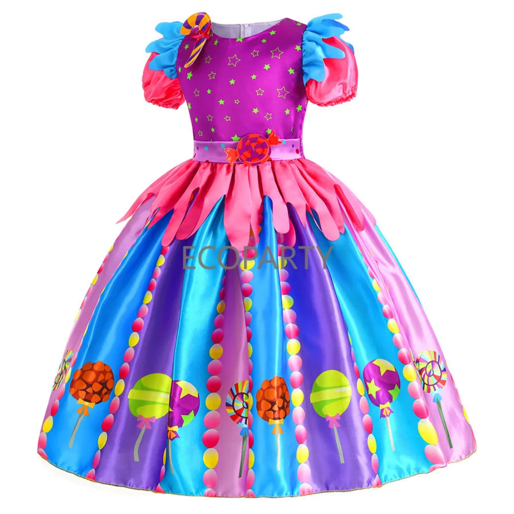 Purim Mädchen der Regenbogen Candy Kostüm Kinder Cosplay Lollipop Drucken Prinzessin Kleider mit Lollipop Zauberstab Geburtstag Party Kleidung 3-12Y