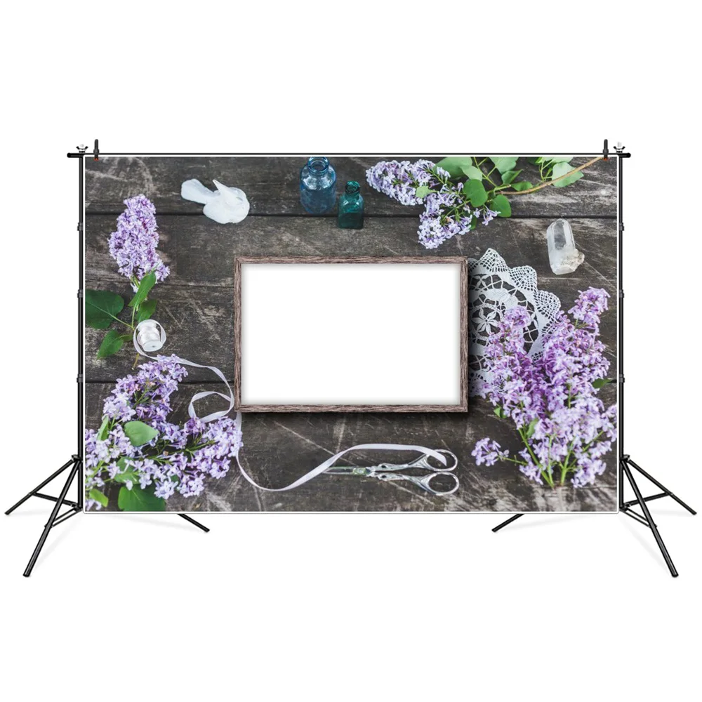 Hyacinth-花,空白の木の板,写真の背景,ハンドル,リボン,はさみの装飾,写真の背景