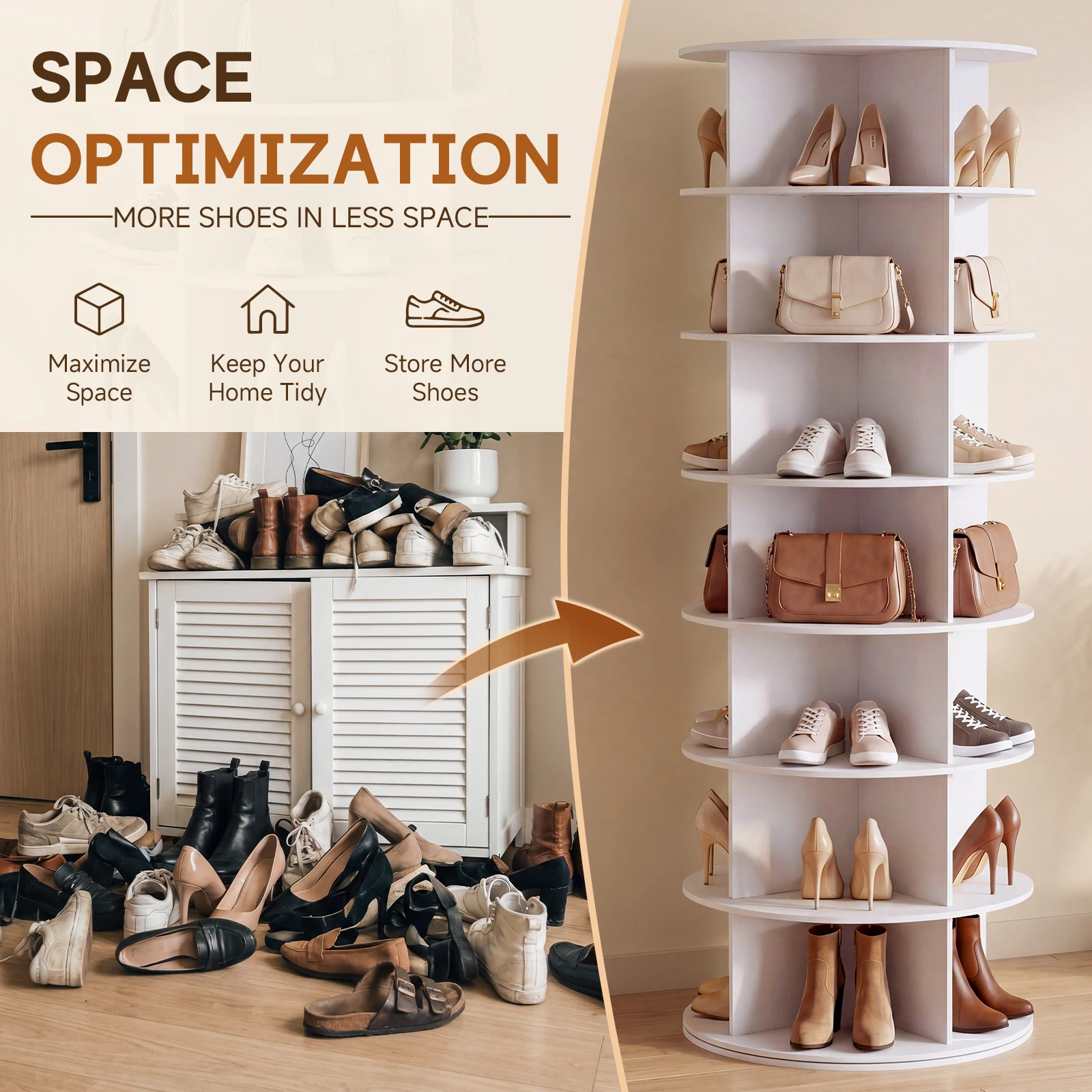 7 Tier Rotating Shoe Rack Tower, 360° Spinning Shoe Rack Lazy Susan, Purse Shelf Display Carousel, Saving Shoe Storage Stand, White