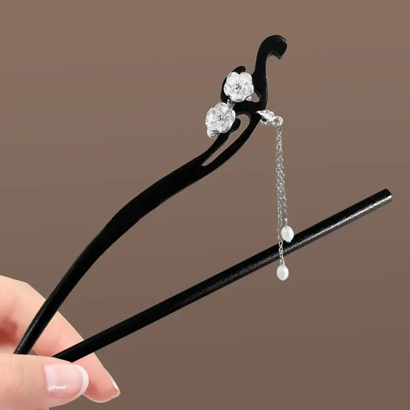 สไตล์จีนใหม่ Elegant ดอกไม้พู่ผมสําหรับหญิงสาววินเทจเลียนแบบเพิร์ลจี้ Hairpin อุปกรณ์เสริมผม