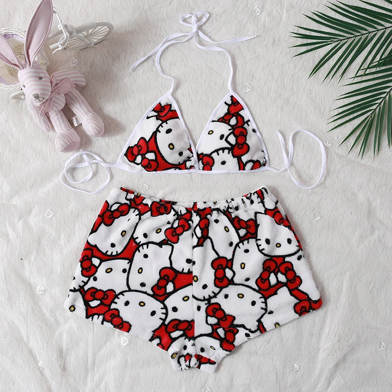 Sanrio Pajamas Women Tank Top Leopard Print Stretch Summer Shorts Soft and Comfortable Outerwear Casual Home Wear Hello Kitty