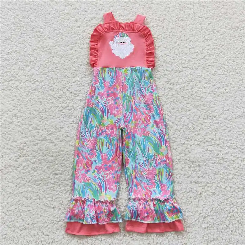 

Wholesale Girls Summer Christmas Suspender Trousers Jumpsuit Embroidered Pattern Elements With Ruffle in B right Colors