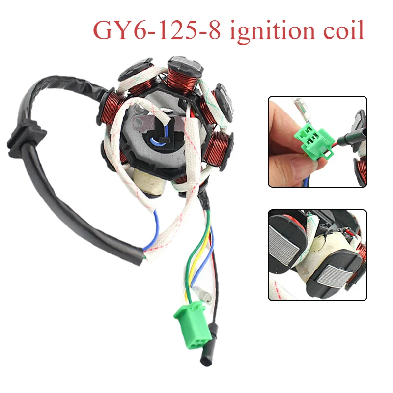 

DC Ignition Stator Magneto Coil Generator 8 Poles for GY6 125cc Chinese Scooter Moped ATV Quad Pocket Bike