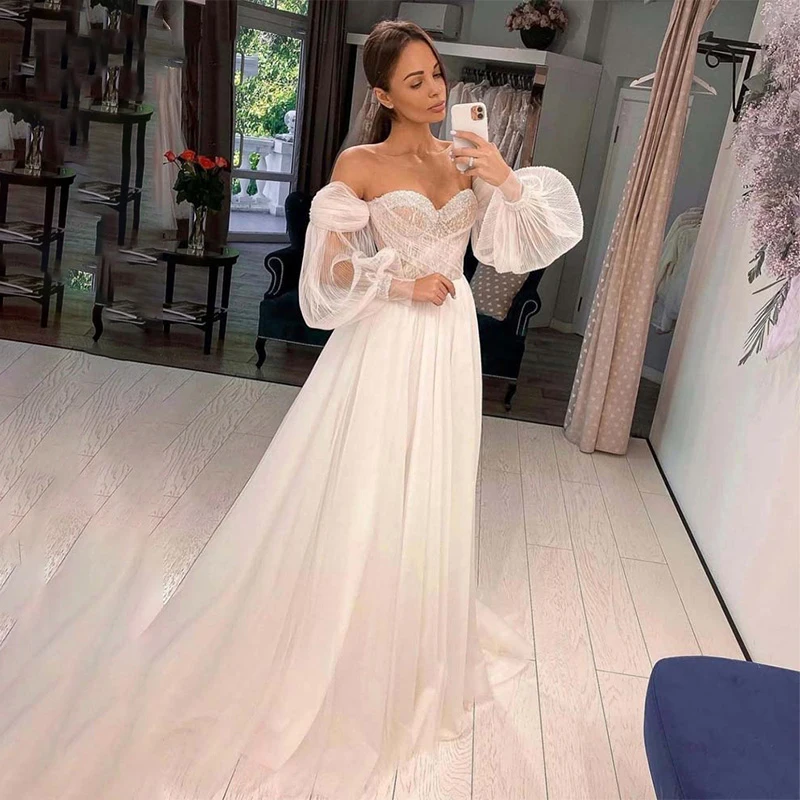 Boho Wedding Dresses Ladies Drop Shoulder Puff Sleeves Detachable Shiny Beaded A-Line Elegant Beach Bridal Gowns Vestidos Robe