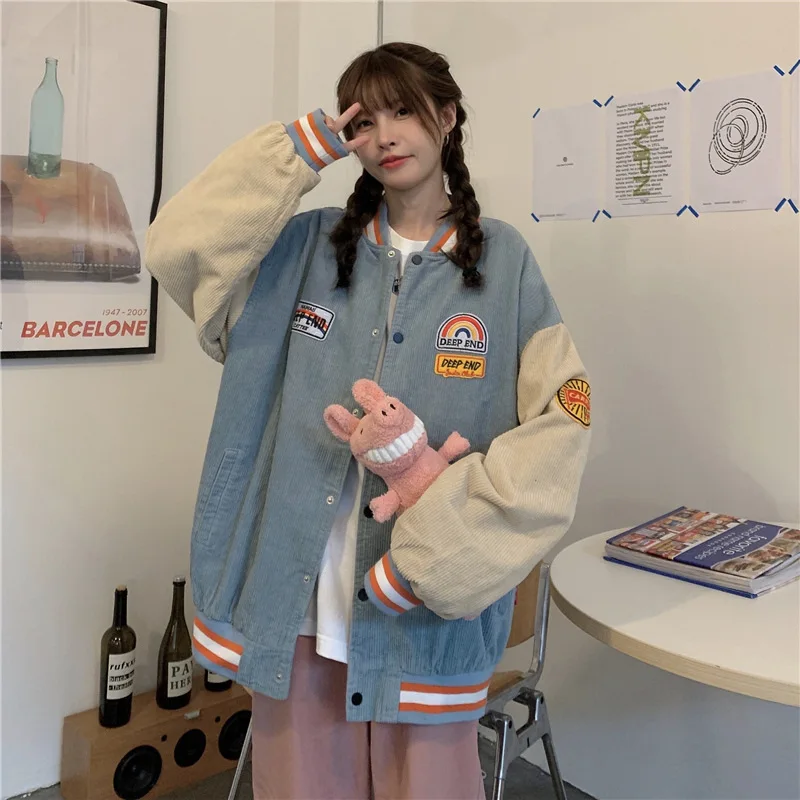 Chaqueta de béisbol bordada de pana para hombres y mujeres, abrigo suelto de tendencia callejera, abrigo Retro Harajuku para parejas, primavera y otoño