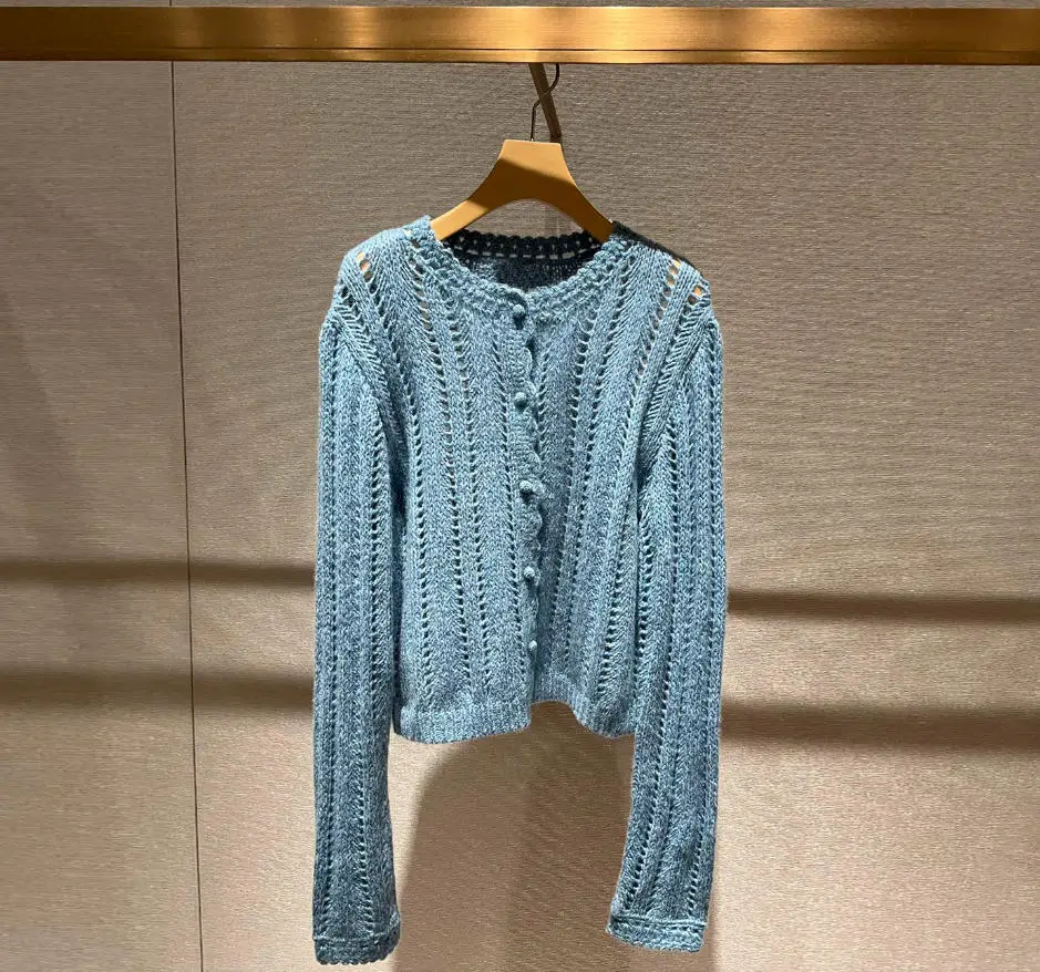 

Blue Women's Knit Crochet Cardigan Round Neck Hollowed Out Long Sleeve 2026 Spring Single Breasted Sweater