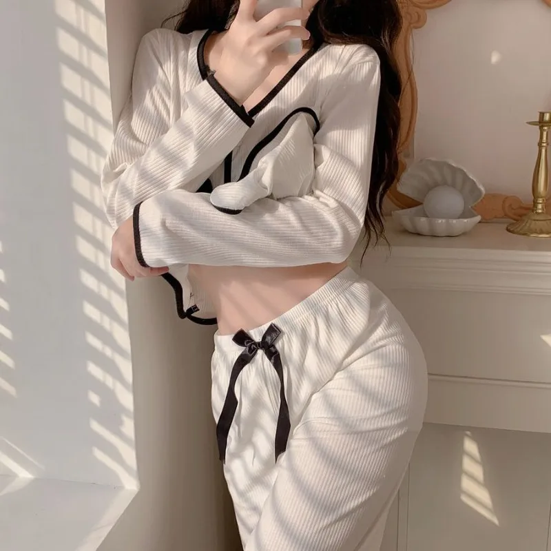 Pajama Sets Women Solid Bow Special Charming Elegant Sweet Basics Tender Modern All-match Daily Home Ladies Korean Style Temper