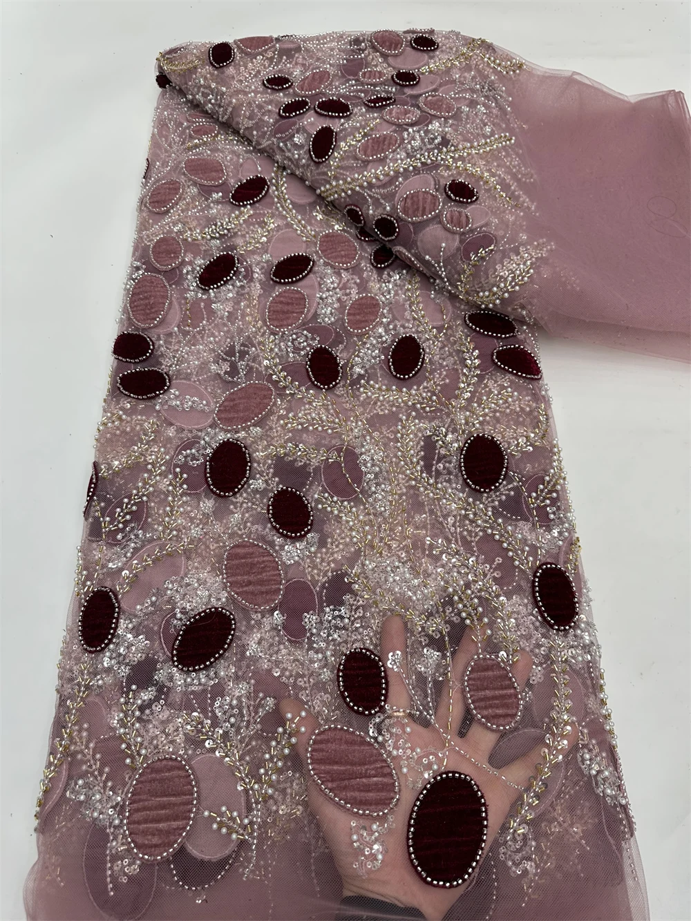 Luxury African velvet beads lace fabric 2025 high quality french nigerian net lace embroidery for nigerican wedding dress 5yards