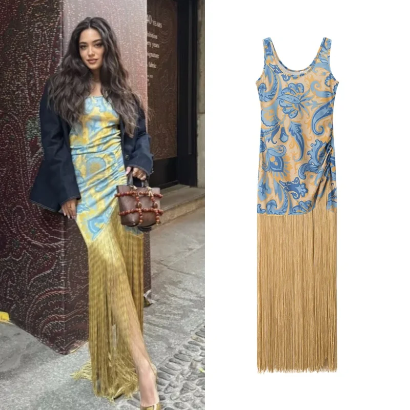 فساتين نسائية جديدة مثيرة بشراشيب كاميس بدون أكمام بطبعة زهور مفتوحة الجانب مع سحاب فستان أنيق أنيق لحفلات النساء في الصيف #1