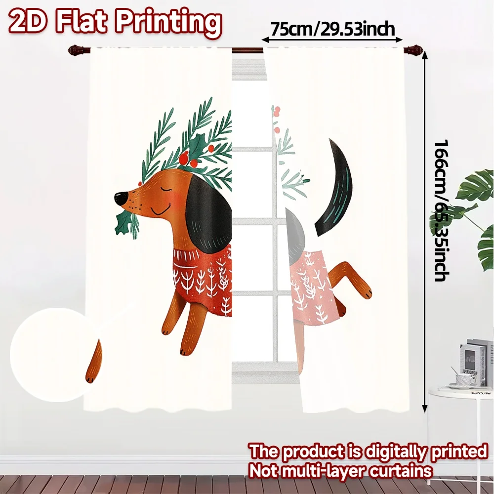 2pcs,Curtains Christmas Dachshund Reindeer Dog (3) Chic Curtains Digital Printed Polyester Easy Install Curtains Decorations For
