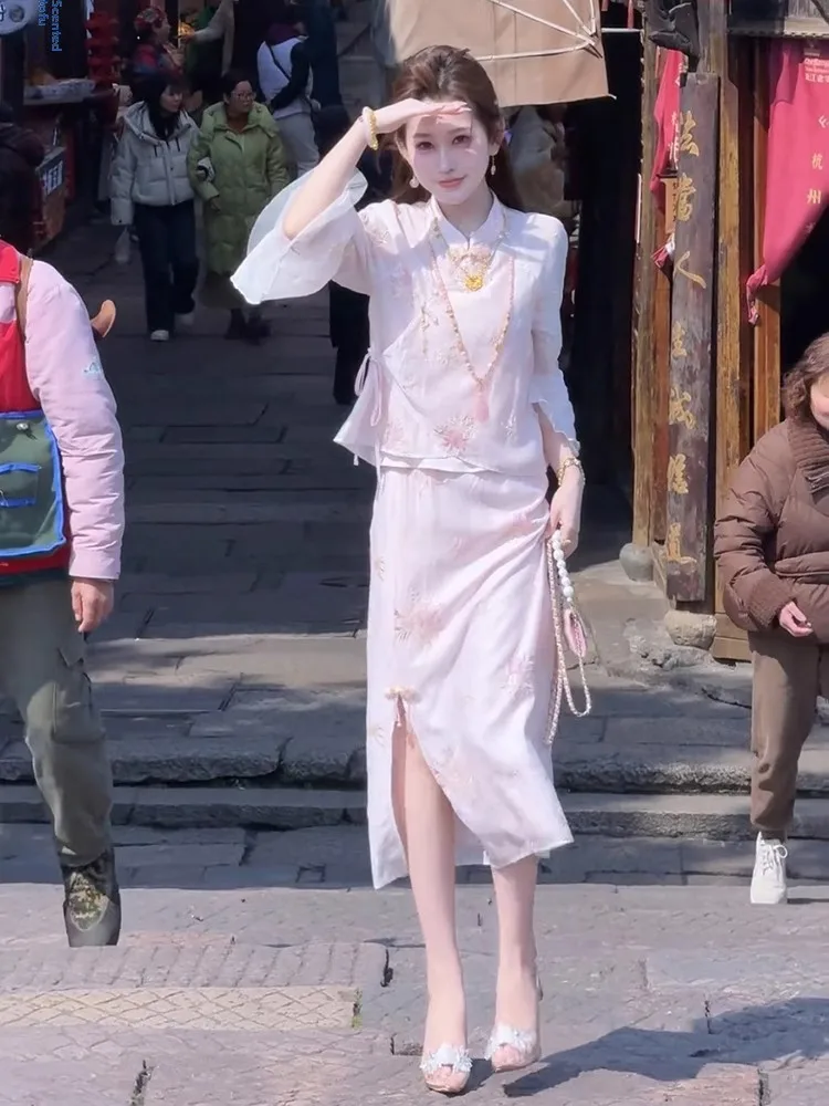 

New Chinese Sle Zen Embroidered Lace Top And f Skirt Two-Piece Set High-End Summer Women's Faion Ensemble