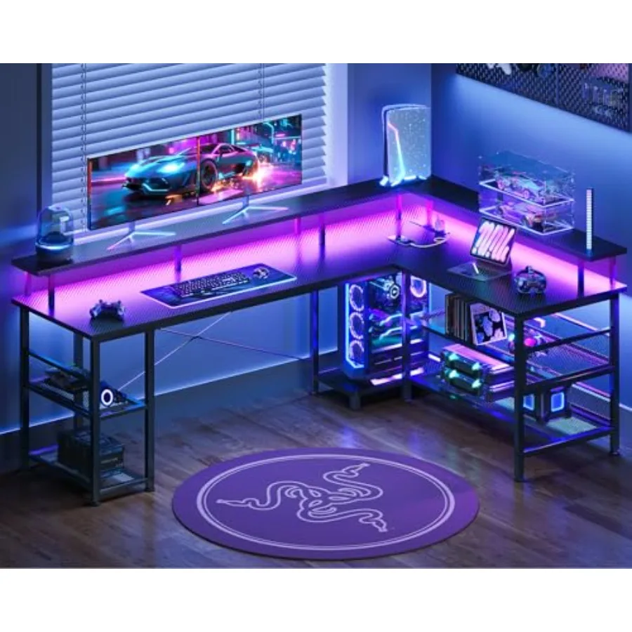 66 Large L Shaped Gaming Desk with Power Outlet LED, Black for Home Office and Gaming Setup, Engineered Wood, Sleek Black Finis